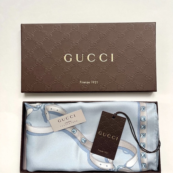 New Gucci Logo Chains Color-Block Brown Blue GG Silk Scarf with Gucci Gift Box - Picture 1 of 13